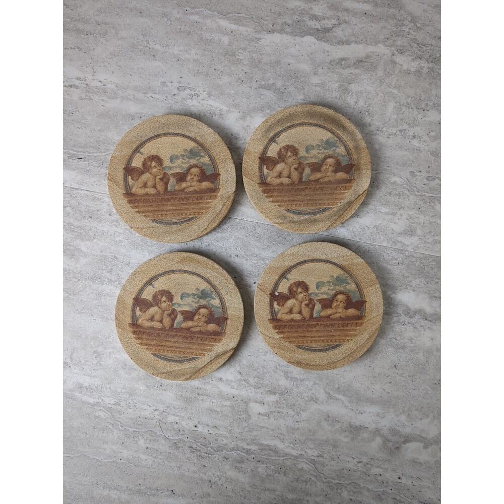 Cherub Angel Sandstone Coaster Set of‎ 4, with Cork Bottom